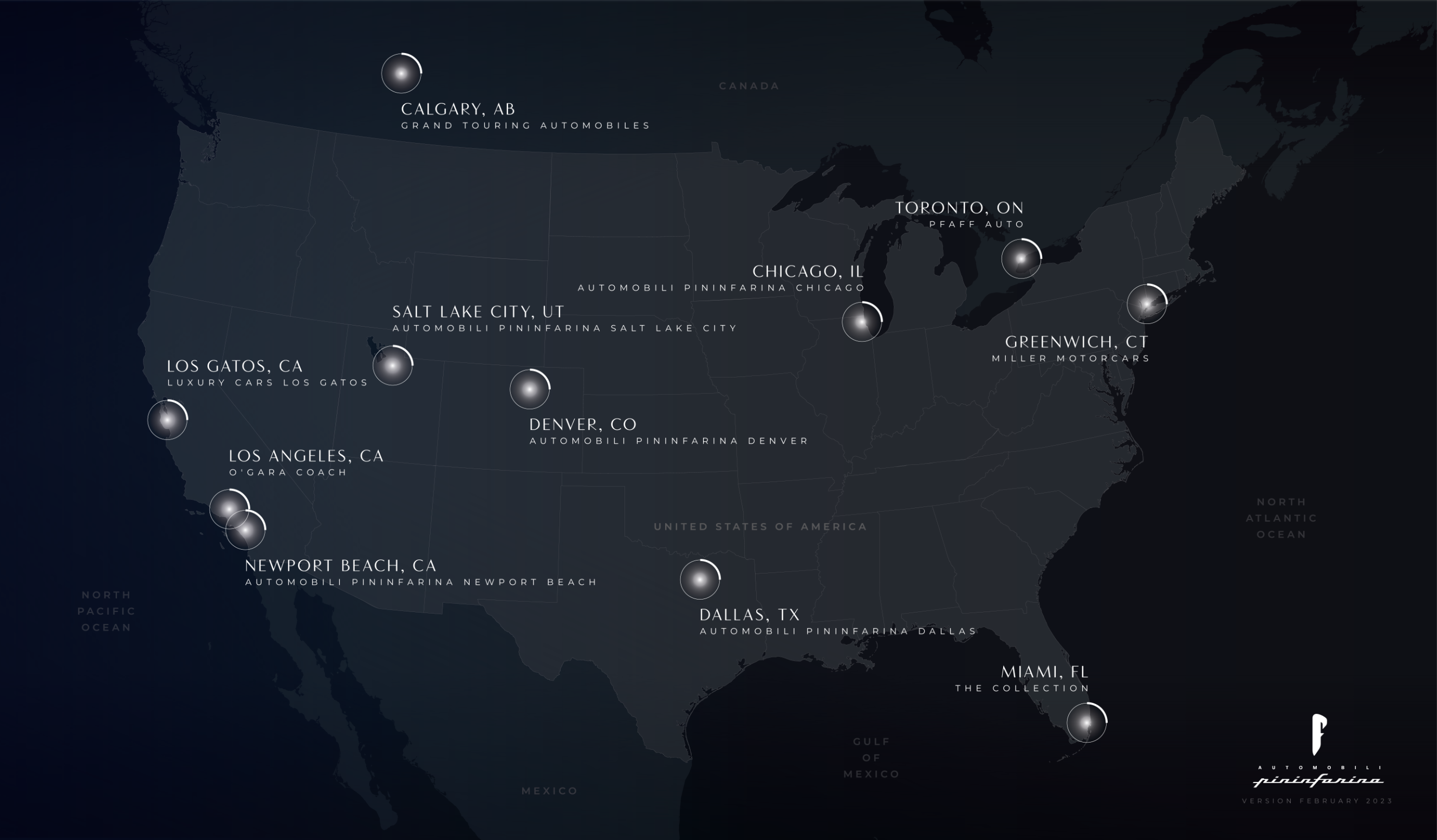 Map of Automobili Pininfarinas Retail Network in North America_1707726298417